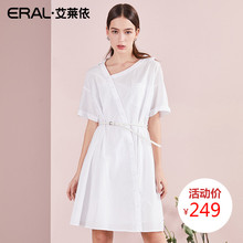 ERAL/艾莱依裙子夏季2018新款女斜门襟短袖衬衫裙时尚系腰带女裙图片
