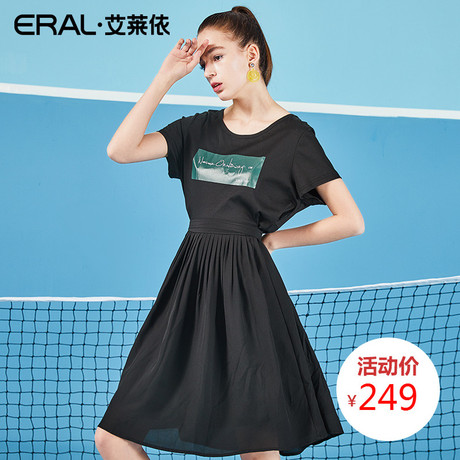 ERAL/艾莱依夏装2018新款女连衣裙高腰A版百褶裙收腰印花女裙子潮商品大图