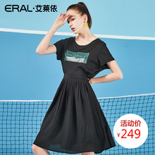 ERAL/艾莱依夏装2018新款女连衣裙高腰A版百褶裙收腰印花女裙子潮图片