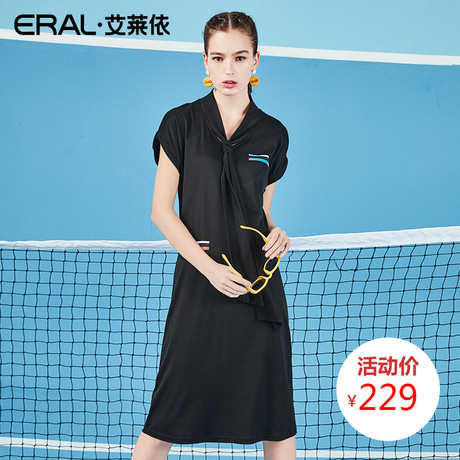 ERAL/艾莱依2018夏装新款时尚短袖女裙子领结简约A版长款连衣裙潮商品大图