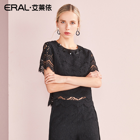 【门店直发】ERAL/艾莱依商场同款2018女雪纺衫蕾丝上衣勾花镂空商品大图
