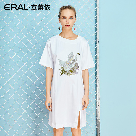 【门店直发】ERAL/艾莱依商场同款天鹅印花纯棉短袖T恤女夏潮商品大图