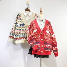 早春新款韩版女装宽松针织衫复古提花开衫小鹿毛衣外套加厚上衣
