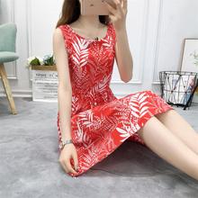 显瘦中长款 人棉印花沙滩背心裙 无袖 修身 棉绸连衣裙女夏季2019新款