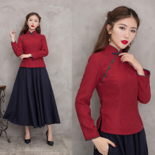 2018秋冬红色长袖旗袍上衣复古女装民国风中式唐装服饰茶人服禅意图片