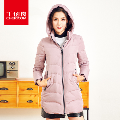 千仞岗女士中长款羽绒服2018秋冬新款带帽纯色休闲外套女229191商品大图