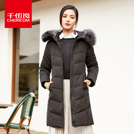 千仞岗女士中长款羽绒服2018秋冬新款狐狸毛领纯色时尚外套229183商品大图