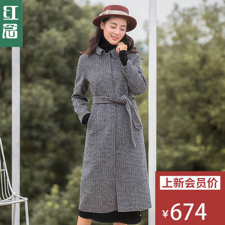 红念千鸟格羊毛呢外套女中长款2018秋冬新款修身方领双面呢子大衣商品大图