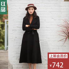 红念黑色西装领呢子大衣女中长款2018秋冬新款修身双面呢子外套女图片