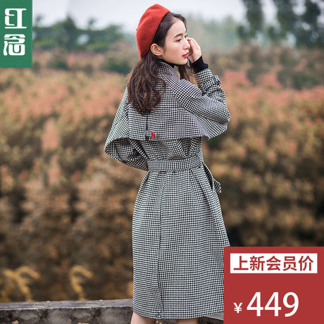 红念双排扣羊毛呢大衣女中长款2018秋冬新款宽松千鸟格呢子大衣女商品大图