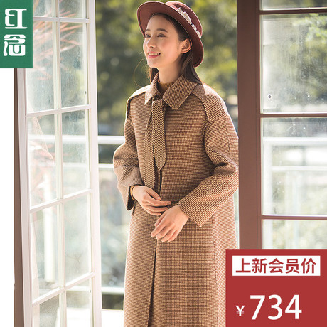 红念宽松千鸟格双面呢子大衣女中长款2018秋冬新款大码羊毛呢外套商品大图