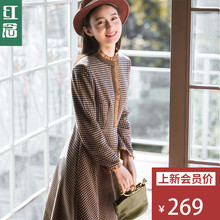红念荷叶边千鸟格连衣裙女秋冬2018新款中长款毛呢裙修身长裙子图片