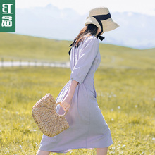 红念七分袖紫色棉麻连衣裙女秋装2018新款中长款a字裙收腰长裙子图片