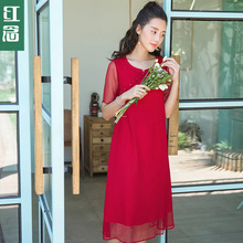 红念宽松红色连衣裙女夏装2018新款中长款改良旗袍裙雪纺裙长裙子图片