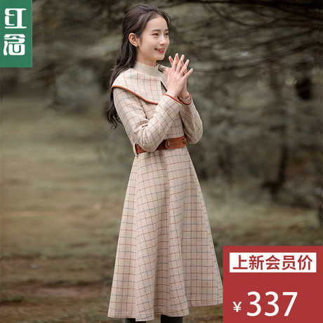 红念修身格子毛呢外套女秋冬2018新款文艺中长款翻领呢子大衣女商品大图