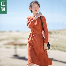 红念橘色中长款连衣裙女长袖2018秋装新款中长款文艺刺绣收腰长裙图片