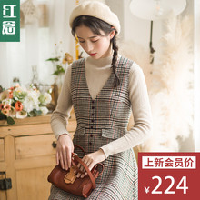 红念格子毛呢裙无袖背心连衣裙女秋冬2018新款中长款a字裙长裙子图片