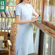 红念蓝色棉麻连衣裙女夏装2018新款刺绣改良版旗袍裙修身中裙子图片