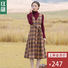 红念v领格子背心连衣裙无袖毛呢裙秋装女2018新款中长款a字裙长裙图片