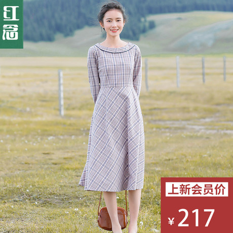 红念格子娃娃领连衣裙女长袖2018秋装新款中长款a字裙修身长裙子商品大图