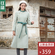 红念系带修身毛呢外套女中长款2018秋冬新款含羊毛文艺呢子大衣女图片
