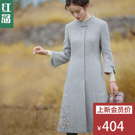 红念九分袖羊毛呢外套女秋冬季2018新款中长款修身刺绣呢子大衣女商品大图