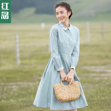 红念修身长袖连衣裙女秋装2018新款中长款文艺a字裙显瘦长裙子商品大图