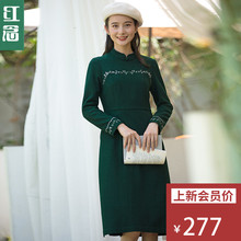 红念墨绿色小立领羊毛呢连衣裙秋装女2018新款文艺刺绣修身中裙子图片