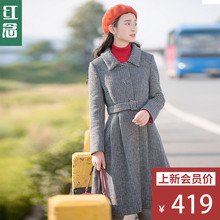 红念修身千鸟格呢子大衣女中长款2018秋冬新款文艺格子羊毛呢外套图片