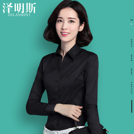 2018新款女装韩版v领立领黑色职业装正装长袖修身白色衬衫女上衣商品大图