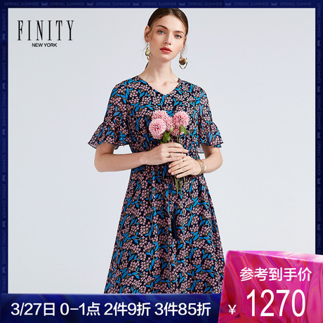 FINITY桑蚕丝裙子女2019春新款V领荷叶袖气质流苏碎花真丝连衣裙商品大图