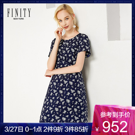 FINITY连衣裙 裙子夏女新款圆领真丝清新印花雪纺a字裙商品大图
