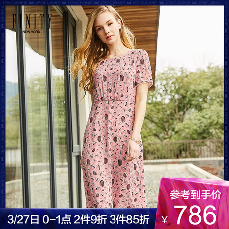 FINITY春秋新款大码短袖气质女装桑蚕丝收腰显瘦印花真丝连衣裙商品大图