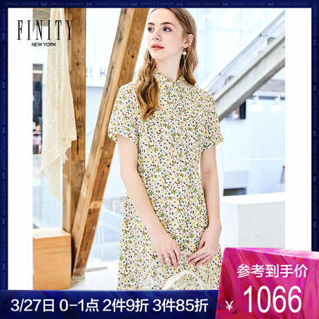 FINITY真丝连衣裙2019春夏新款方领收腰短袖印花桑蚕丝衬衫裙子女商品大图