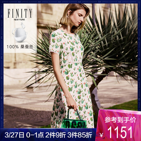 FINITY桑蚕丝裙子女2019夏装新款高腰中长款气质印花真丝连衣裙商品大图