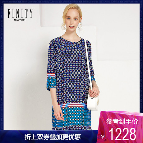 FINITY 春秋装女新款宽松百搭复古裙子清新印花真丝雪纺连衣裙商品大图