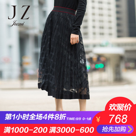 JUZUI/玖姿旗舰店2018秋装新款时尚亮丝网纱中长百褶裙半身裙商品大图