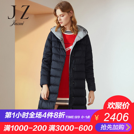 JUZUI/玖姿旗舰店2018冬装新款时尚白鸭绒连帽羽绒服过膝长款商品大图