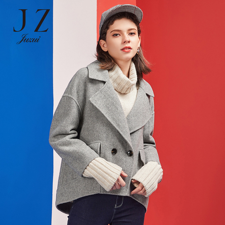 JUZUI/玖姿旗舰店2018秋冬新款羊毛混纺廓形西装领短大衣女商品大图