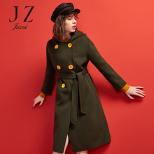 JUZUI/玖姿女装2018冬装双排扣连帽羊毛混纺双面呢大衣女腰带款图片
