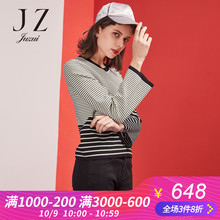 JUZUI/玖姿旗舰店2018冬装个性条纹拼接圆领套头上衣针织衫女图片