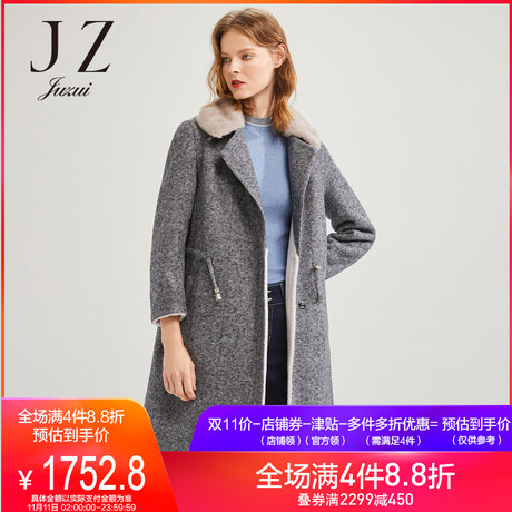 预售 玖姿旗舰店2018冬装骆马绒混纺细格纹复合大衣女外套商品大图