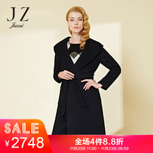 预售 玖姿旗舰店2018冬羊毛双面呢收腰连帽翻领大衣女过膝图片