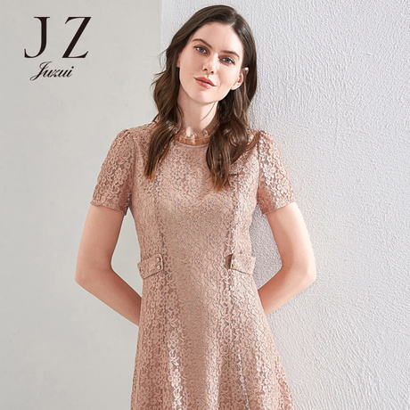 JUZUI/玖姿旗舰店2018夏装短袖蕾丝镂空领口花边针织连衣裙商品大图