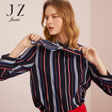 JUZUI/玖姿旗舰店2018秋装飘带前短后长竖条纹中长款衬衫女图片
