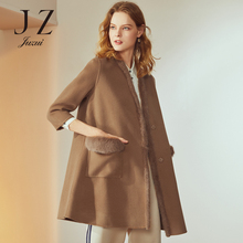 JUZUI/玖姿女装2018冬装新款水貂毛边立领复古羊毛毛呢大衣女外套图片