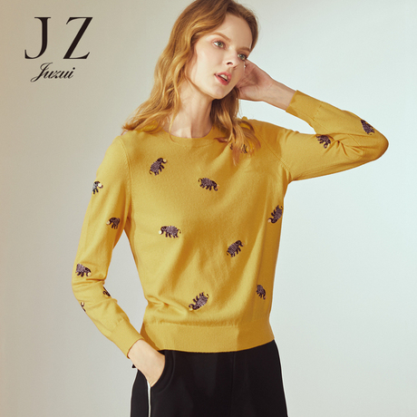 JUZUI/玖姿2018冬装新款羊毛针织圆领长袖套头打底毛衫女时尚绣花商品大图