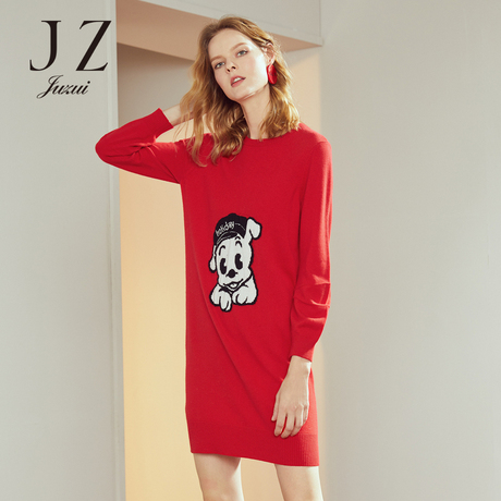 JUZUI/玖姿旗舰店2018冬装新款时尚动物套头针织连衣裙女毛衫商品大图