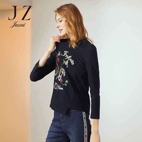 JUZUI/玖姿旗舰店2018冬装长袖亮片绣花套头羊毛上衣女商品大图
