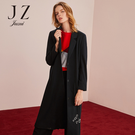 JUZUI/玖姿旗舰店2018秋装新款羊毛针织字母长款大衣女过膝商品大图